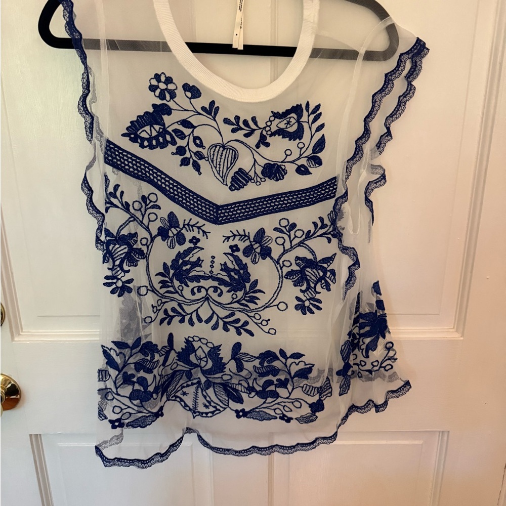 Anthropologie Sheer Top with Blue Embroidery